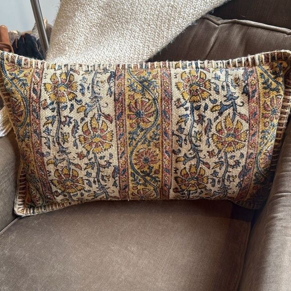 World Market Earth Tone Floral Panel Kilim Boho Style Accent Pillows Set of Two - Picture 2 of 12